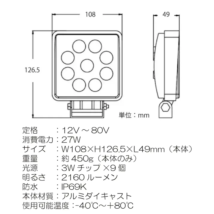 関西電装機器 DC用 LED27W ワークライト 48V-9 LED 作業灯 荷台照明 CZ02543【別送品】