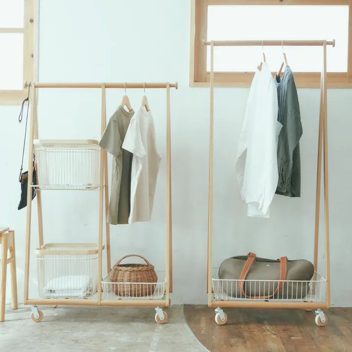 KOEKI 弘益 Mash MASH リヴ キャリーバスケットハンガーR 組立品 キャスター付き ハンガーラック 洋服収納 棚付き 省スペース ナチュラル 北欧風 おしゃれ LIVCR3WH【別送品】