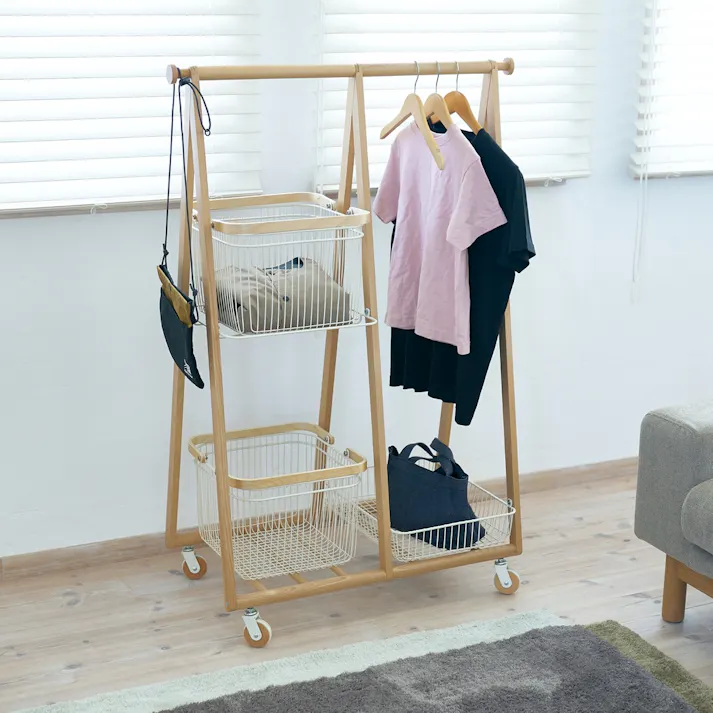 KOEKI 弘益 Mash MASH リヴ キャリーバスケットハンガーR 組立品 キャスター付き ハンガーラック 洋服収納 棚付き 省スペース ナチュラル 北欧風 おしゃれ LIVCR3WH【別送品】
