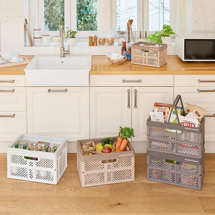 天馬 プロフィックス 折りたたみバスケットハンドル付き M ベージュ 折りたたみコンテナ 重ね収納ボックス 買い物かご 4904746128386【別送品】