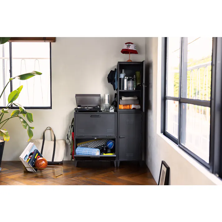 フィッツ ペグ キャビネット ワイド ダークグレー インテリア 扉式 リビング収納 簡単組立 ロッカー風 ヴィンテージ風 扉付き 組み立て簡単 ロッカー 4904746157133【別送品】