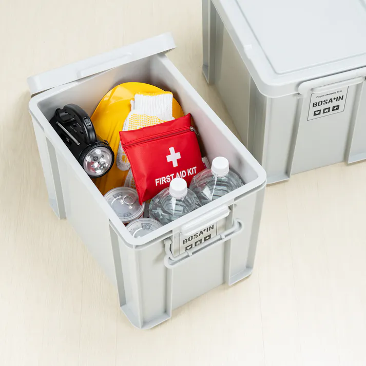 BOSA+IN 積み重ねボックス 53 ライトグレー 4個セット インテリア フタ式 スタック 積み重ね 防災グッズ 重ね収納ボックス フタ付きコンテナ 防災用品 4904746160331【別送品】