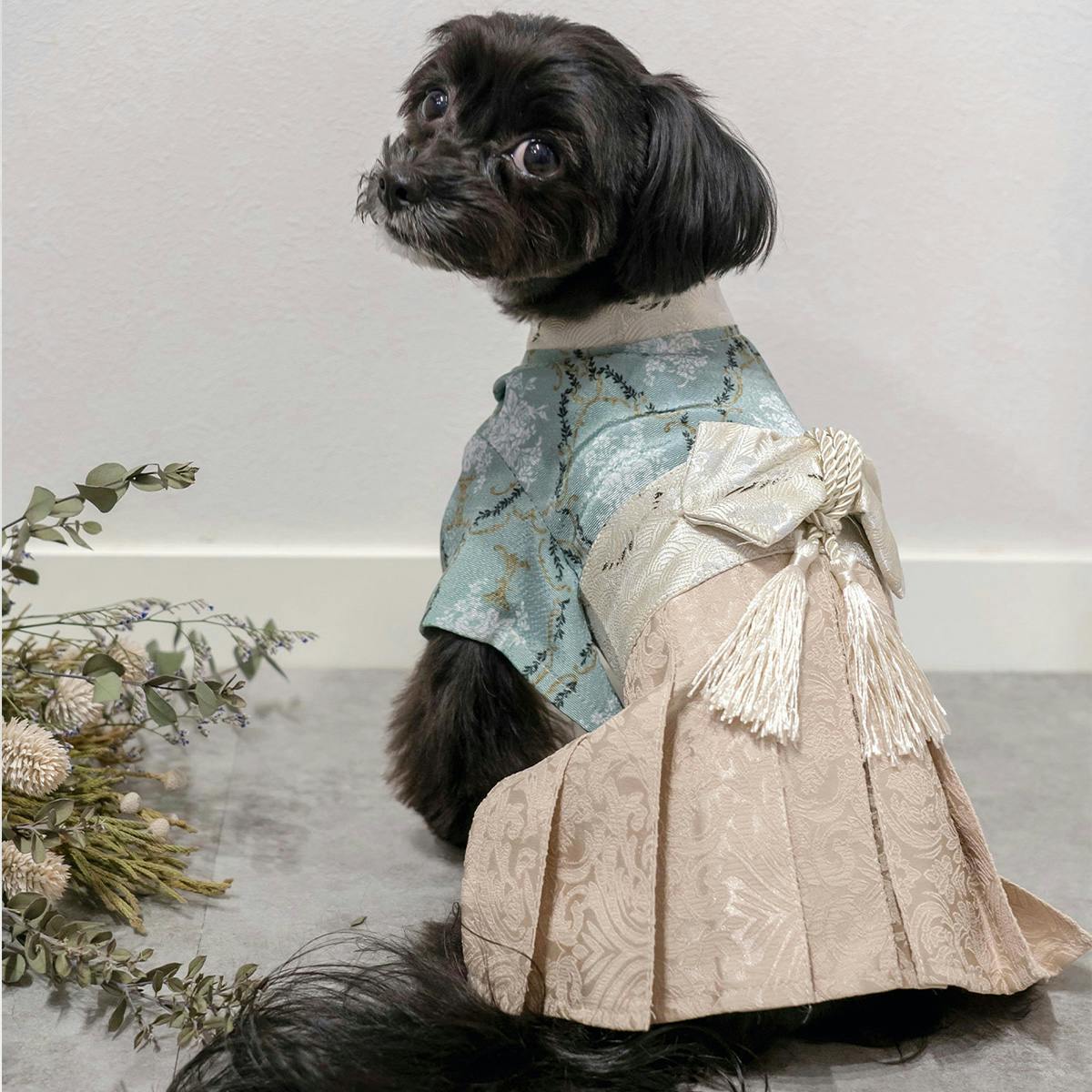 ONEKOSAMA OINUSAMA 袴風 着物 ペットウェア グリーン S 小型犬 洗える