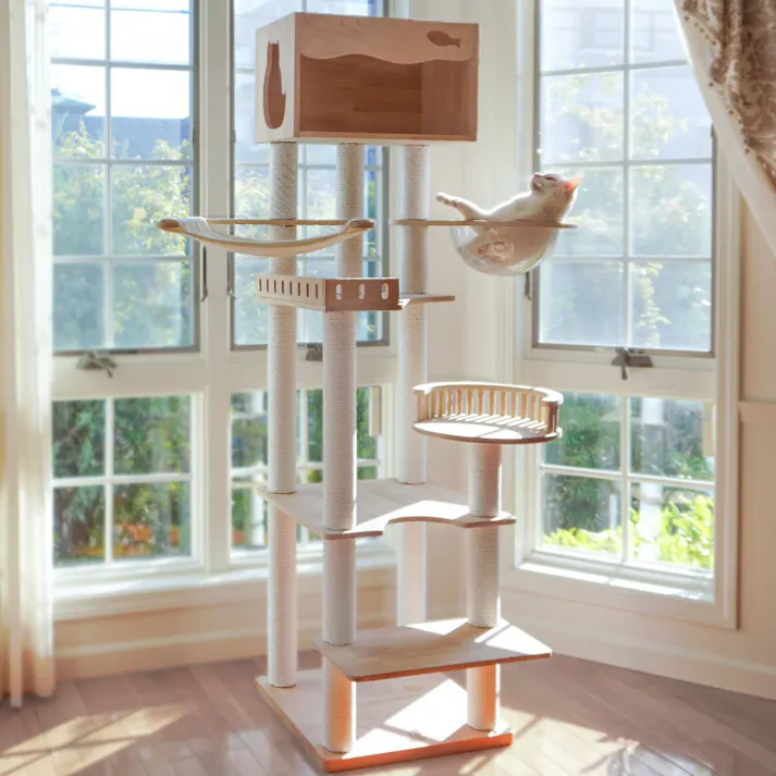 ONEKOSAMA OINUSAMA 宇宙船 ハンモック ハウス付き 木製 6段 キャットタワー RESORT/ペーパーポール コンパクト 高齢猫 天然木 ons0125-p【別送品】