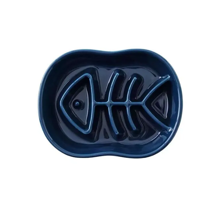 Petifam 陶器製早食い防止皿 フィッシュボーン ネイビー レンジOK 大きめ 4580756812035【別送品】