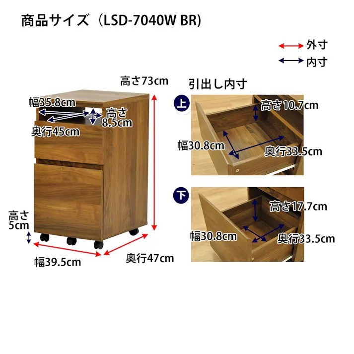 AIS エイアイエス ロスタ ワゴン デスクサイドワゴン 引き出し付き収納庫 リビング 寝室 事務所 本の収納 学童品収納 書類収納 抗菌家具 木製 LST-7040W【別送品】