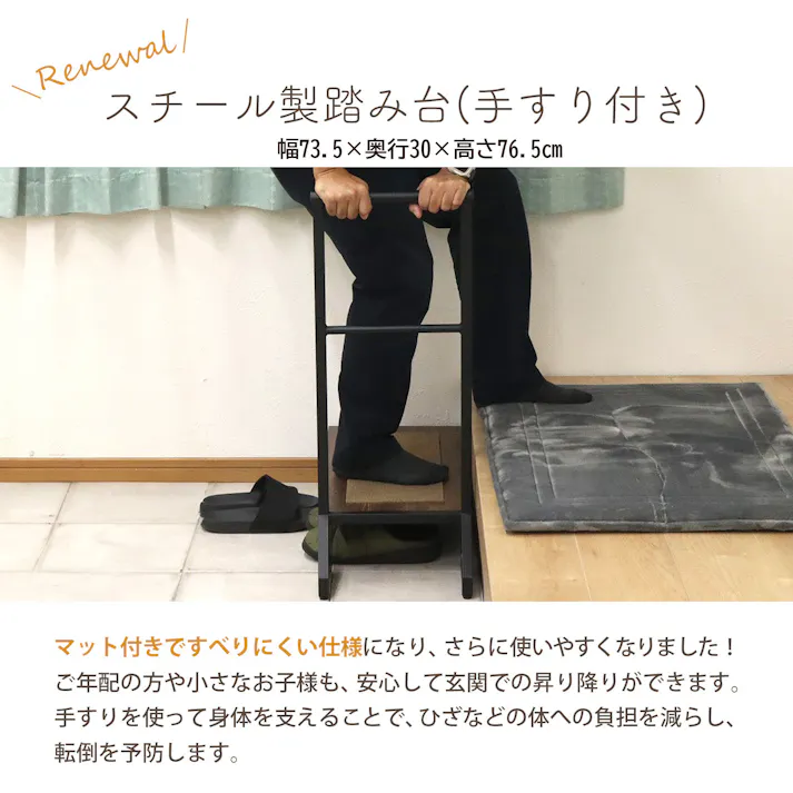 AIS エイアイエス スチール製踏み台手摺付き 昇降サポート台 手摺付き台 玄関 介護施設 店舗 昇降に便利 サポート 木製 スチール AHFD-05【別送品】