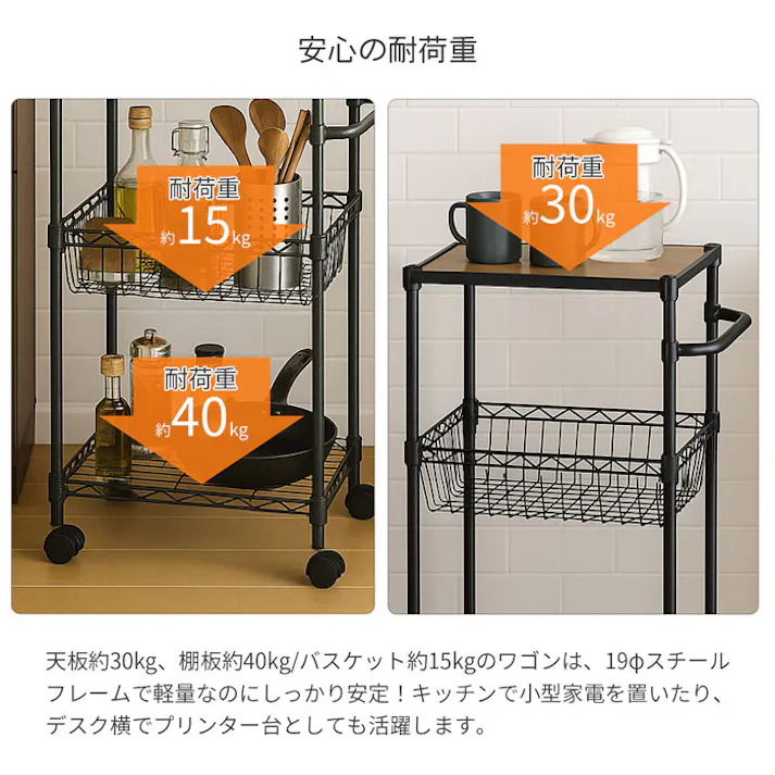 AIS NERO19φワゴン ブラック 55.0×35.0×81.0cm 移動式キャスターラック キッチン リビング 洗面所 調味料ストック 食品ストック キッチン用品 スチール NERO-WGN BK【別送品】