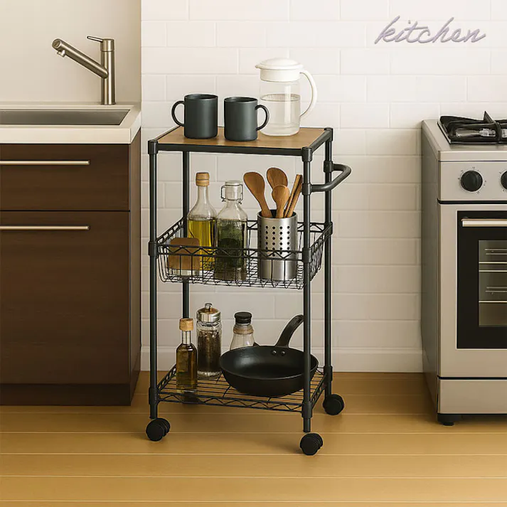 AIS NERO19φワゴン ブラック 55.0×35.0×81.0cm 移動式キャスターラック キッチン リビング 洗面所 調味料ストック 食品ストック キッチン用品 スチール NERO-WGN BK【別送品】