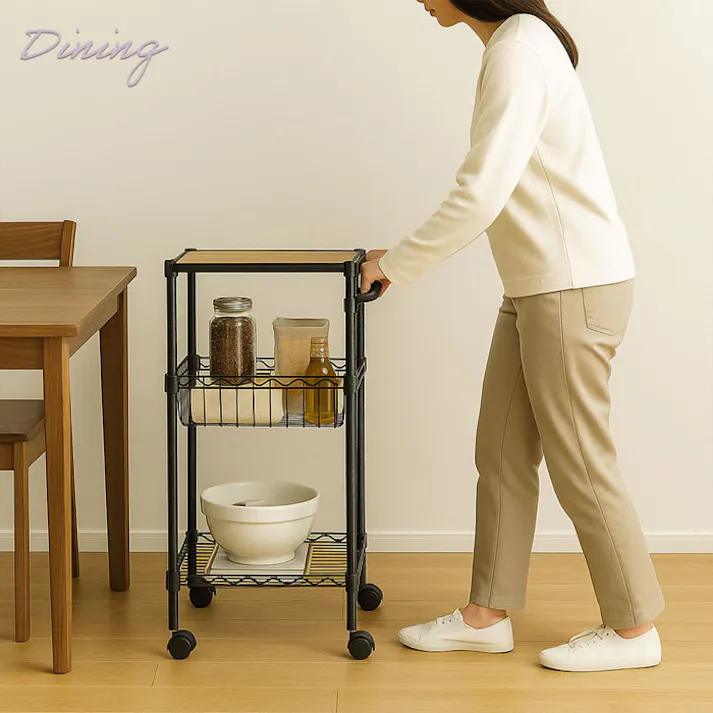AIS NERO19φワゴン ブラック 55.0×35.0×81.0cm 移動式キャスターラック キッチン リビング 洗面所 調味料ストック 食品ストック キッチン用品 スチール NERO-WGN BK【別送品】
