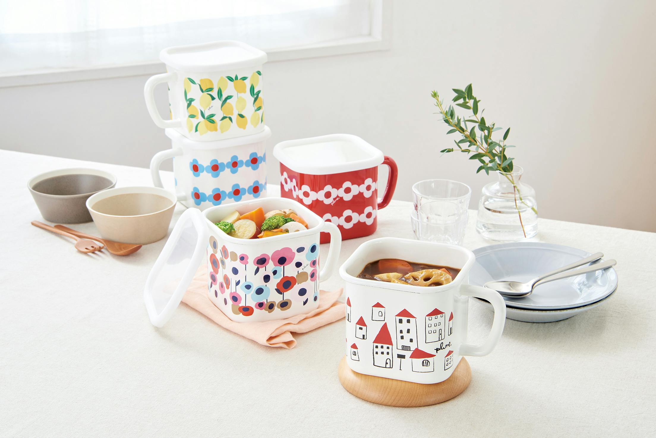 豊琺瑯 Plune. ホーローマルチスクエアポット りんごたち プルーン