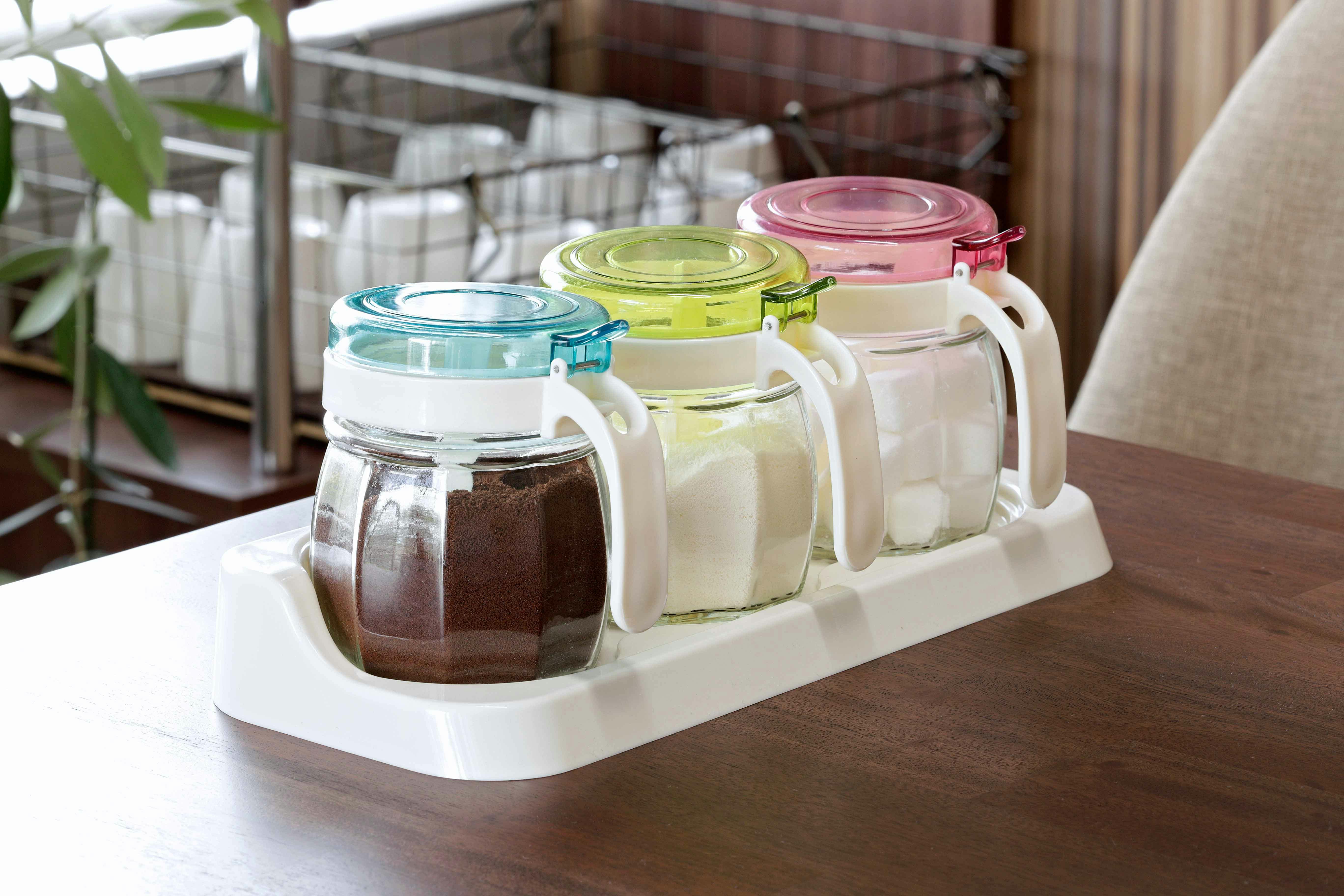 セーブ・インダストリー ガラス製カラフル調味料カップ 3P(スプーン