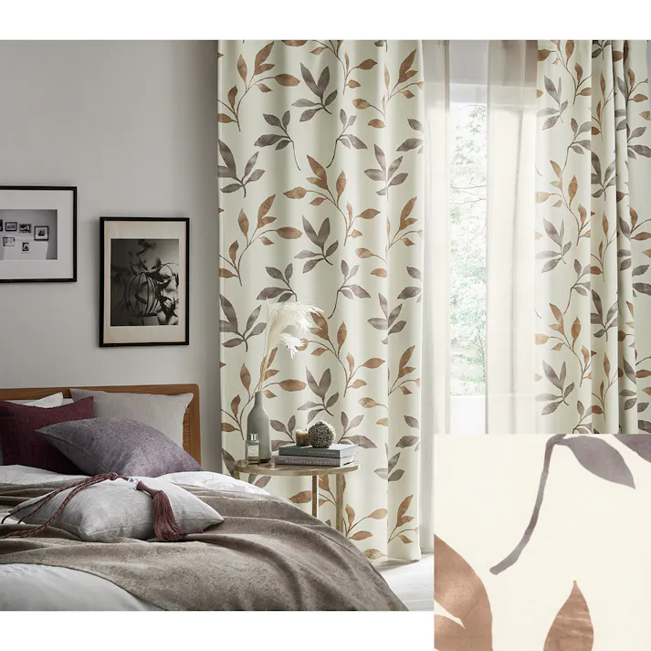 Eco de Happiness 【2級遮光/テキ温】 (ブラウン) 200cm×232cm 幅100×2枚組 ドレープカーテン 防炎 遮光 ウォッシャブル 洗える 断熱 リーフ柄 和室に合う 形態安定加工 KZE9412-200232【別送品】