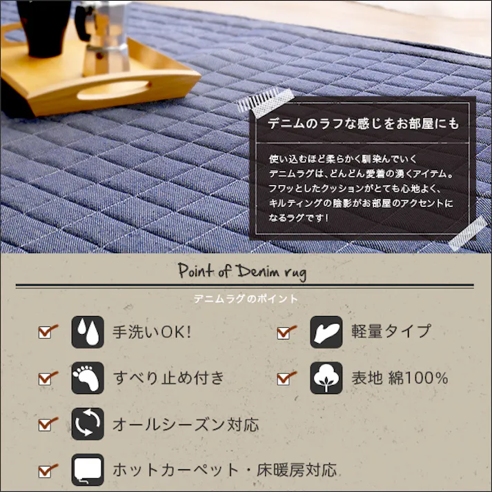 HomeTaste キルティングデニム調ラグMサイズ(185×185cm)オールシーズン 滑り止め付き 手洗い対応【Derid-デリッドー】 ネイビー マット インテリアラグ 畳 DRG-M--NV---LF2【別送品】