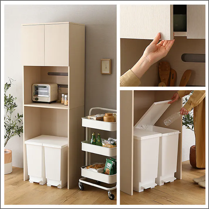 HomeTaste さわやかな木製ごみ箱上ラック スリムタイプ ホワイトウォッシュ 大型レンジ対応 レンジ台 コンセント付き FLLW-T2S--WHW【別送品】