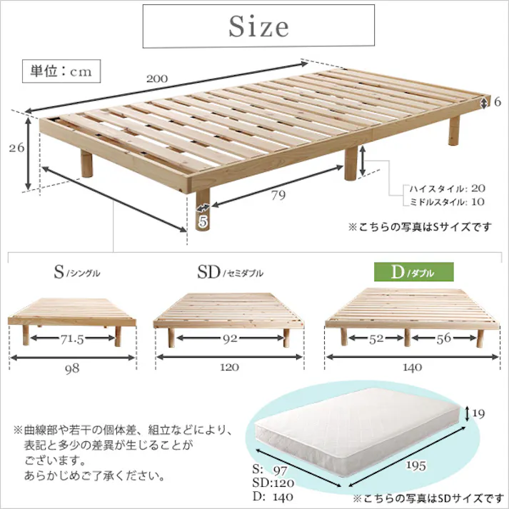 HomeTaste 3段階高さ調節 国産総檜脚付きベッド 【Pierna-ピエルナー】(ポケットコイルロールマットレス付き) ダブル ナチュラル 寝具 日本製 すのこ LHK-HRM-D--NA【別送品】