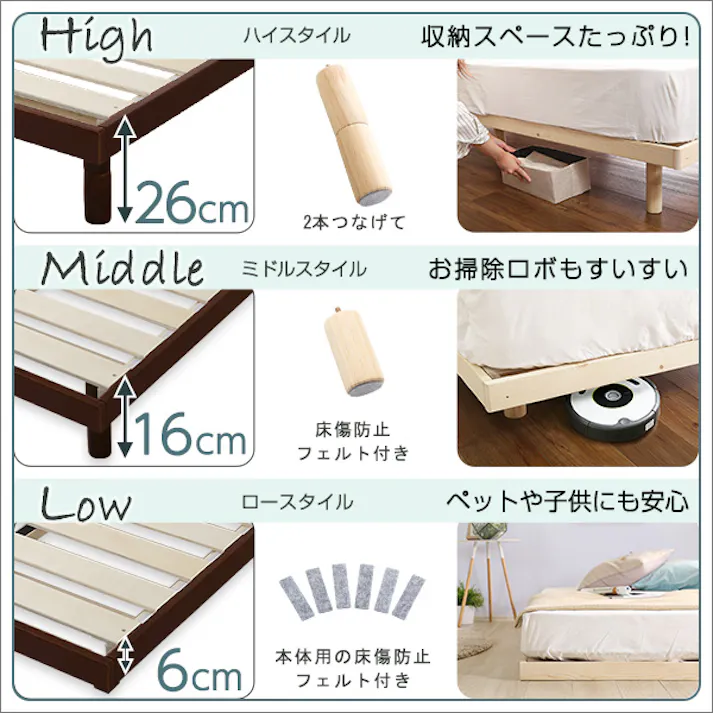 HomeTaste 3段階高さ調節 脚付きすのこベッド(ダブル) 【Lilitta-リリッター】(ポケットコイルロールマットレス付き) ダブル ナチュラル 簡単組立 熟睡 寝具 LPS-HRM-D--NA【別送品】