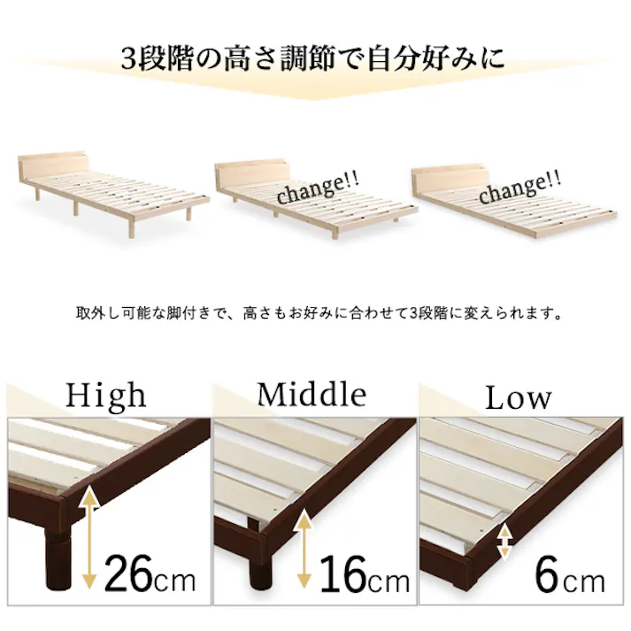 HomeTaste 【宮セット】パイン材高さ3段階調整脚付きすのこベッド(セミダブル) ブラウン 安いベッド 1人暮らし向け 簡単組立 LPS-MP-01SD--BR【別送品】