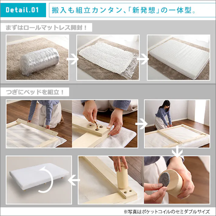 HomeTaste 新発想で搬入も組立カンタン! ほどよい弾力 脚付きロールマットレス(ボンネルコイルスプリング)【Unite -Raide- -ユニテ・ライドー】ダブルサイズ ホワイト 簡単組立 熟睡 寝具 LRM-01D--WH【別送品】