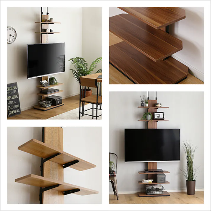 HomeTaste ヴィンテージ突っ張りテレビスタンド シャビーオーク スリム設計 突っ張りテレビスタンド オープン収納 PPWAT--SBO【別送品】