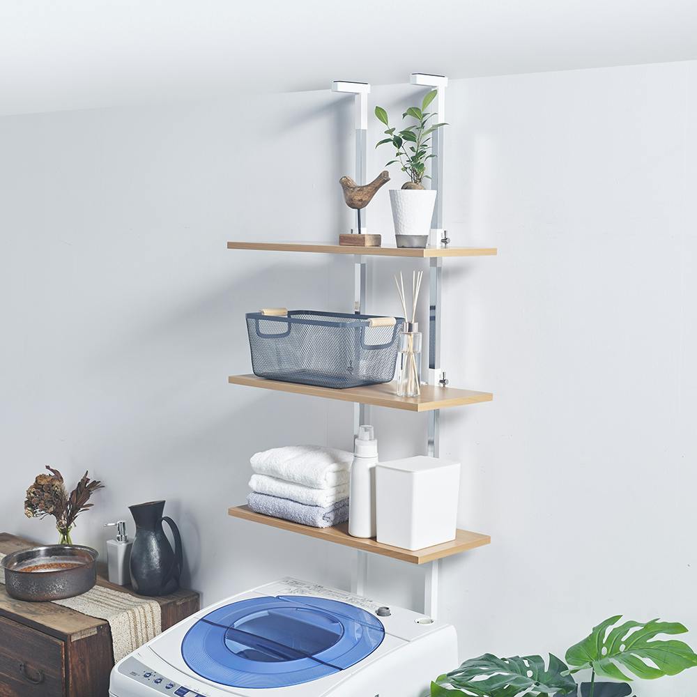 OVITAS 突っ張りランドリーラックロータイプ 50×35×135.0～208.5cm ホワイト×ナチュラル 収納 ランドリーラック オープンラック 2750034【別送品】