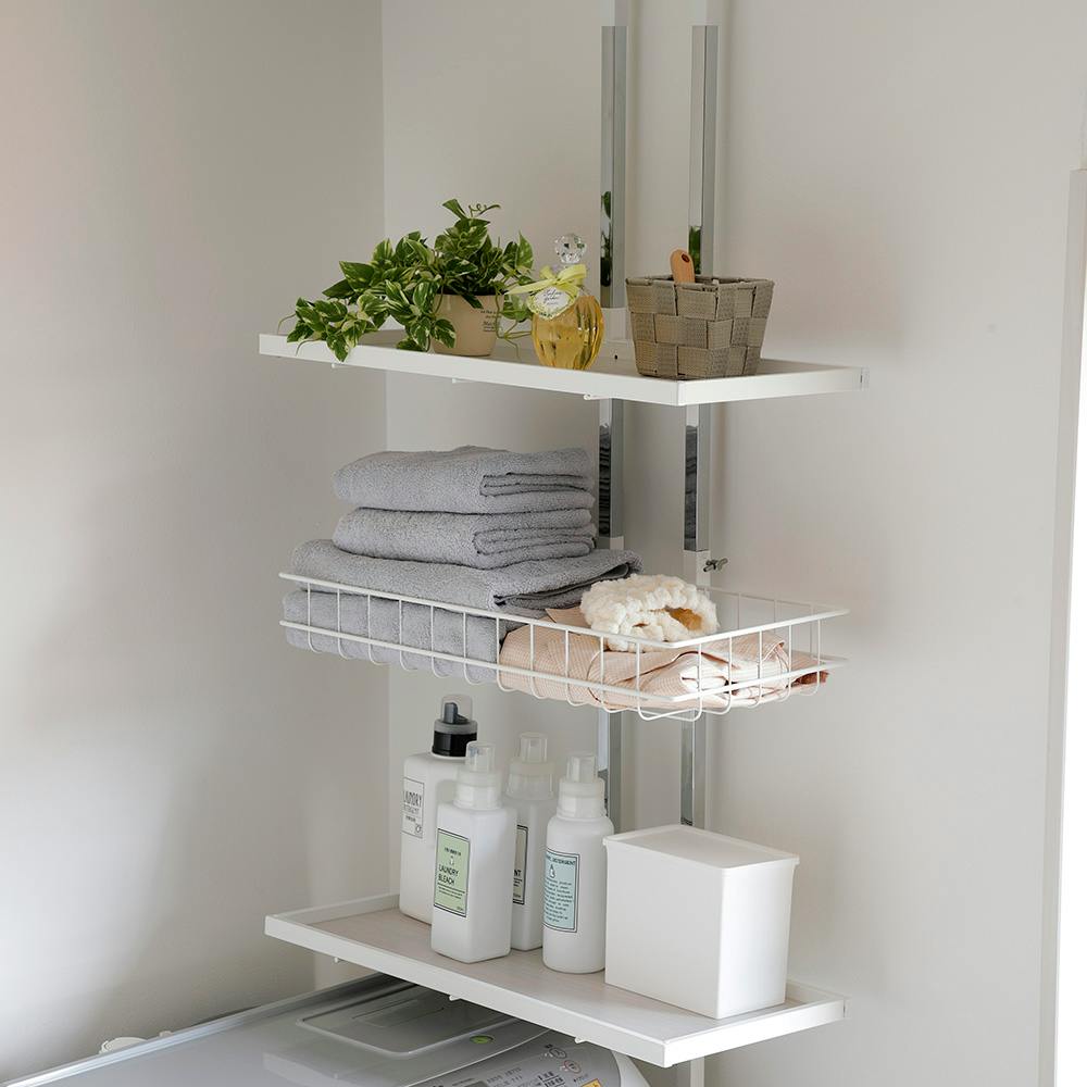 OVITAS 突っ張りロータイプラック棚2段+バスケット1杯 58×32×145.0～208.0cm ホワイト 収納 ランドリーラック オープンラック 2750042【別送品】