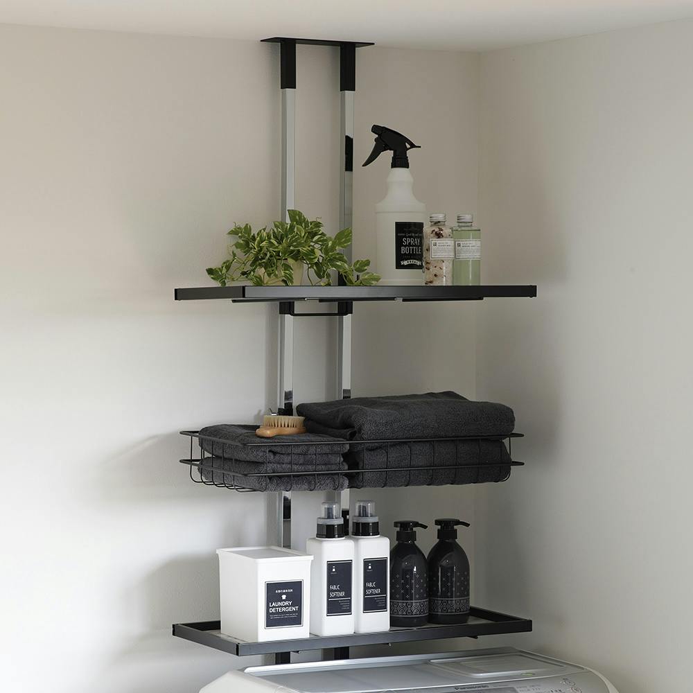 OVITAS 突っ張りロータイプラック棚2段+バスケット1杯 58×32×145.0～208.0cm ブラック 収納 ランドリーラック オープンラック 2750043【別送品】