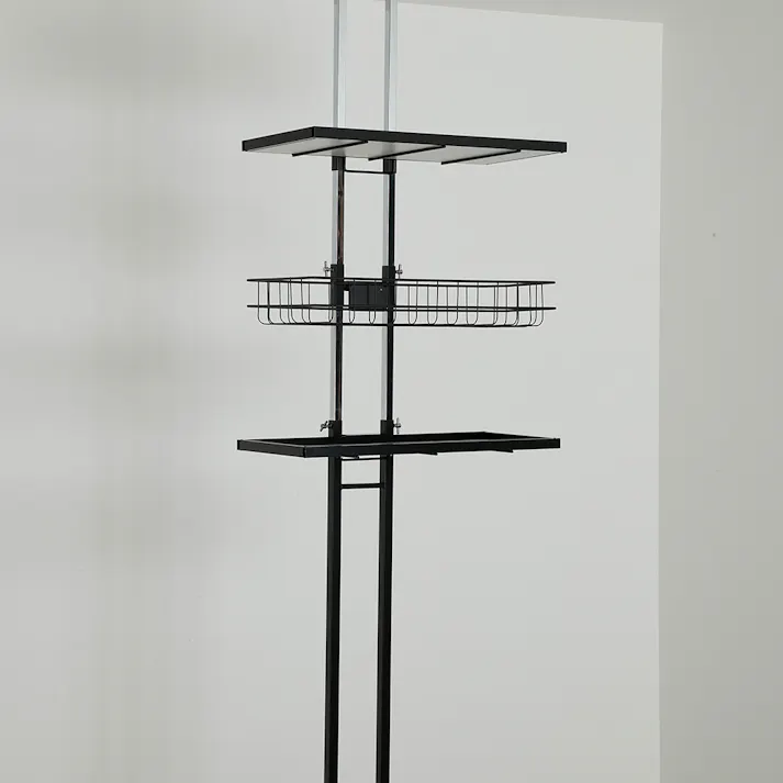 OVITAS 突っ張りロータイプラック棚2段+バスケット1杯 58×32×145.0~208.0cm ブラック 収納 ランドリーラック オープンラック 2750043【別送品】