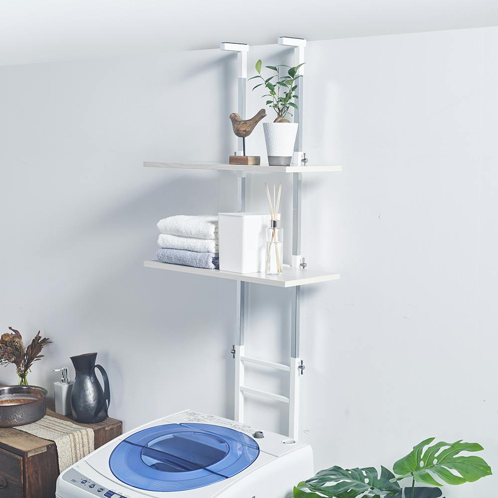 ランドリーラック 2段 シンプル ホワイト/ナチュラル OVITAS 突っ張りランドリーラックロータイプ棚2段 50×35×135.0～208.5