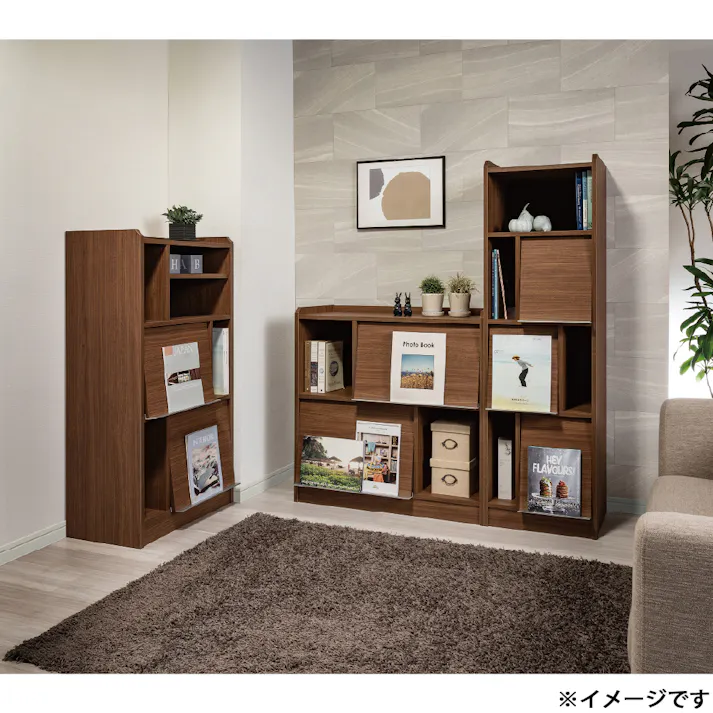 フラップ扉付き収納シェルフ W60×D35.8×H120.1cm グレーオーク&ホワイト ラック 本棚 デザインシェルフ 1121579【別送品】