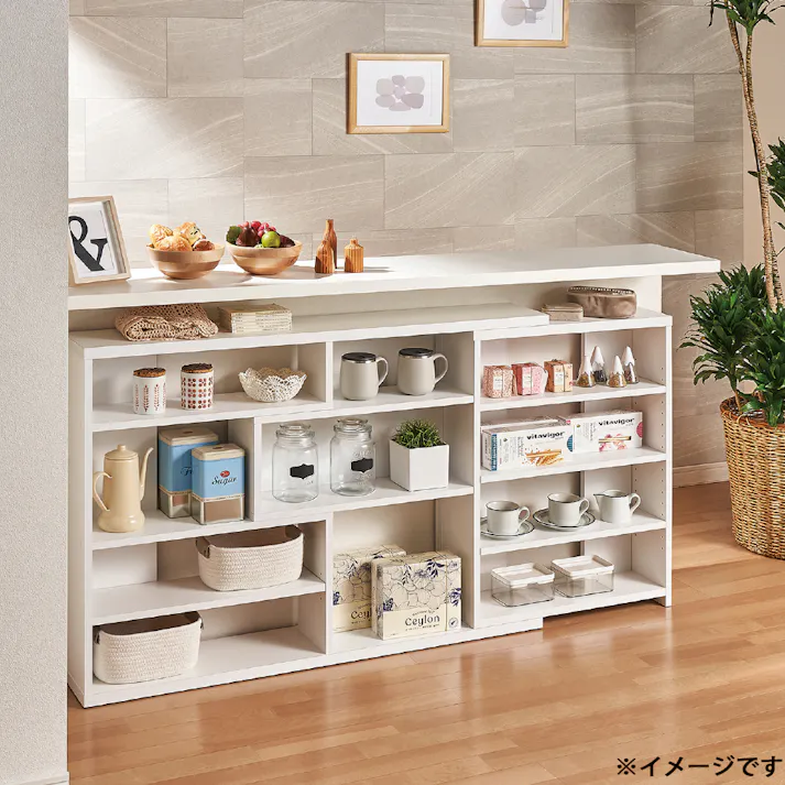 伸縮式デザインシェルフ W118~155×D29.5×H80cm ホワイトウッド ディスプレイ 調整可能 見せる収納 1121569【別送品】