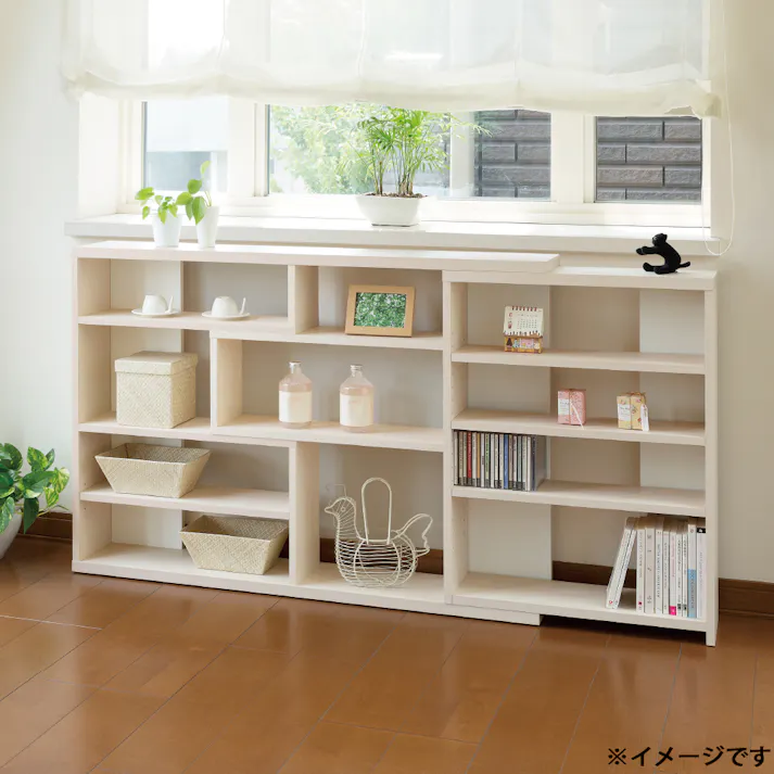 伸縮式デザインシェルフ W118~155×D29.5×H80cm ホワイトウッド ディスプレイ 調整可能 見せる収納 1121569【別送品】