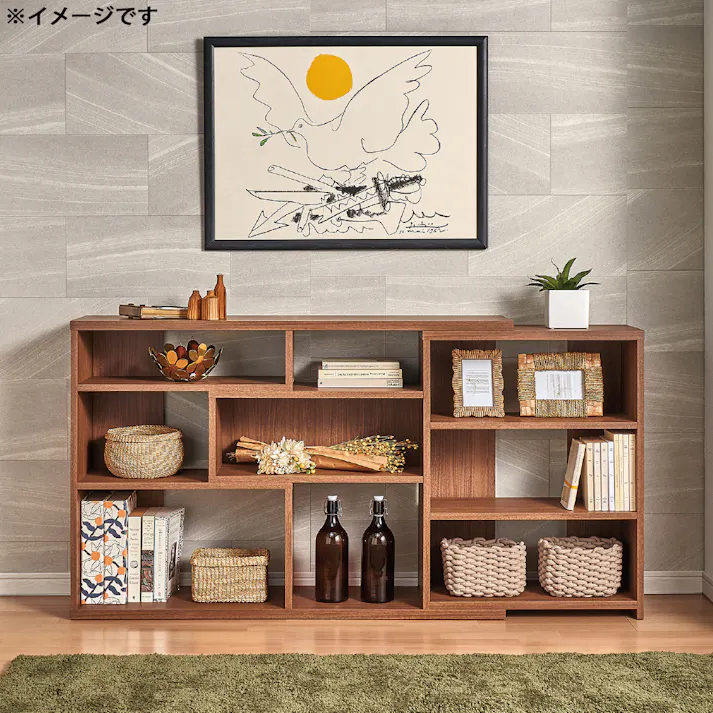 伸縮式デザインシェルフ W118~155×D29.5×H80cm ホワイトウッド ディスプレイ 調整可能 見せる収納 1121569【別送品】
