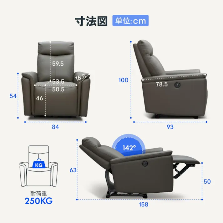 電動リクライニングソファ(一人掛け) 電動ソファ グレー 幅84×奥行91~158×高さ63~100cm 組立簡単 本革 おうち時間 本革 USB FLEXISPOT X9-G【別送品】