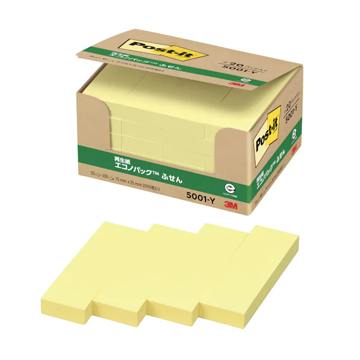 スリーエム 3M ポストイット ふせんエコノパック5001イエロー 5001-Y 5セット 付箋 ふせん 黄色 エコ 9999910039402【別送品】
