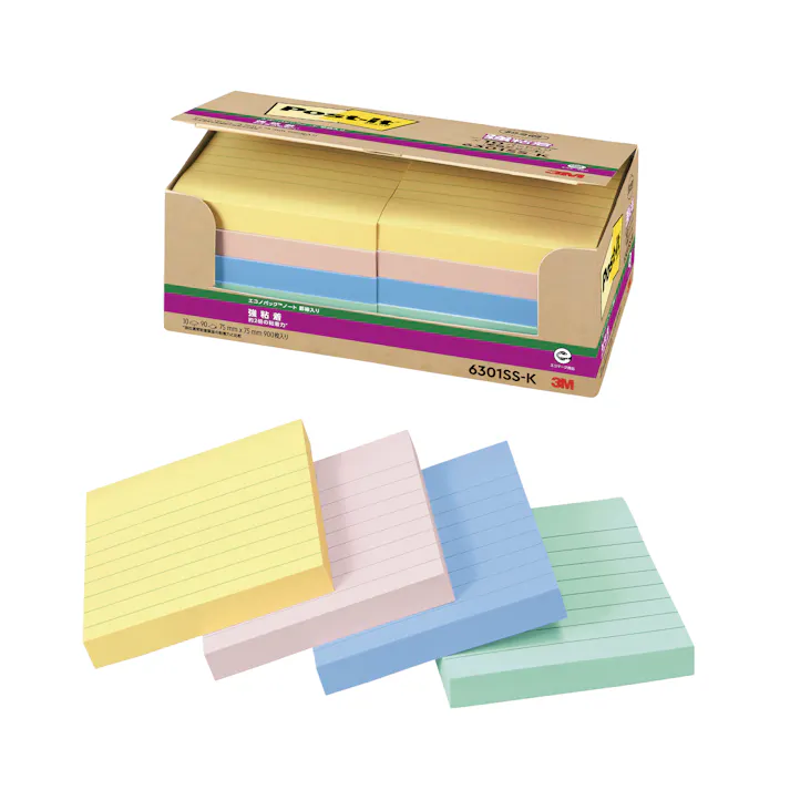 スリーエム 3M ポストイット 強粘着ノート罫線入エコノパック6301混色 6301SS-K 20セット 付箋 ふせん 強粘着 罫線入り 混色 コンショク 9999910042471【別送品】