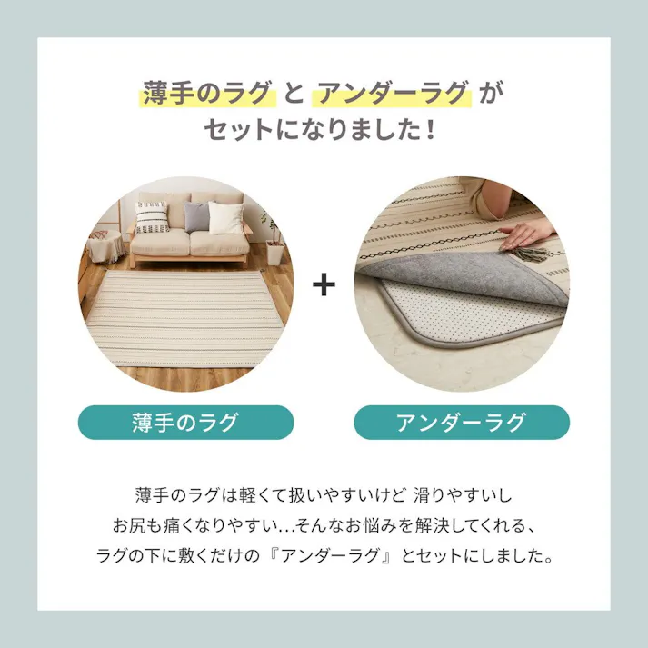 萩原 HAGIHARA 薄手で気軽に洗える インド綿ラグ ティック アンダーラグセット185×185ブラック 270092311【別送品】