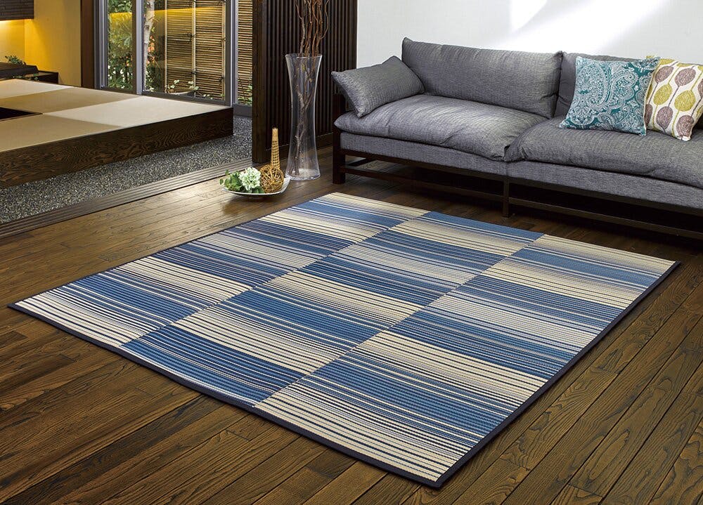 HAGIHARA 収納簡単 い草ふっくらラグ 若竹 180×180 ブルー