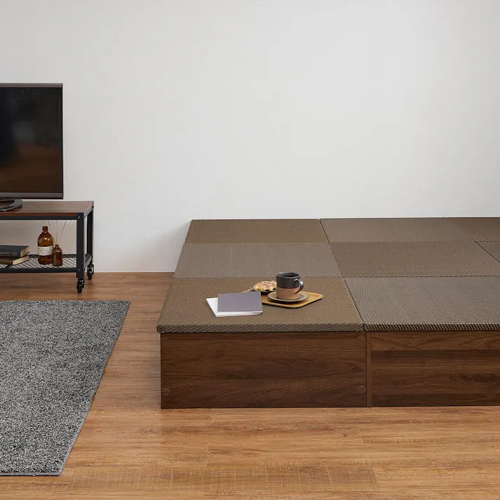 タタミ座 ブラウン 約130×65×24cm+綾模様 ブラウン 約65×65cm 2枚セット 収納付小上がり 和空間 大容量 HAGIHARA 160902051【別送品】