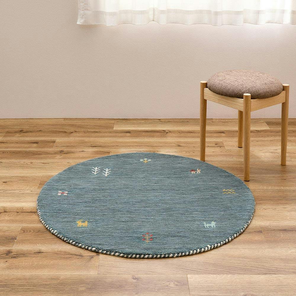 ギャッベ ラグ GABBEH TX 約90cm 円形 ブルー ウール オールシーズン