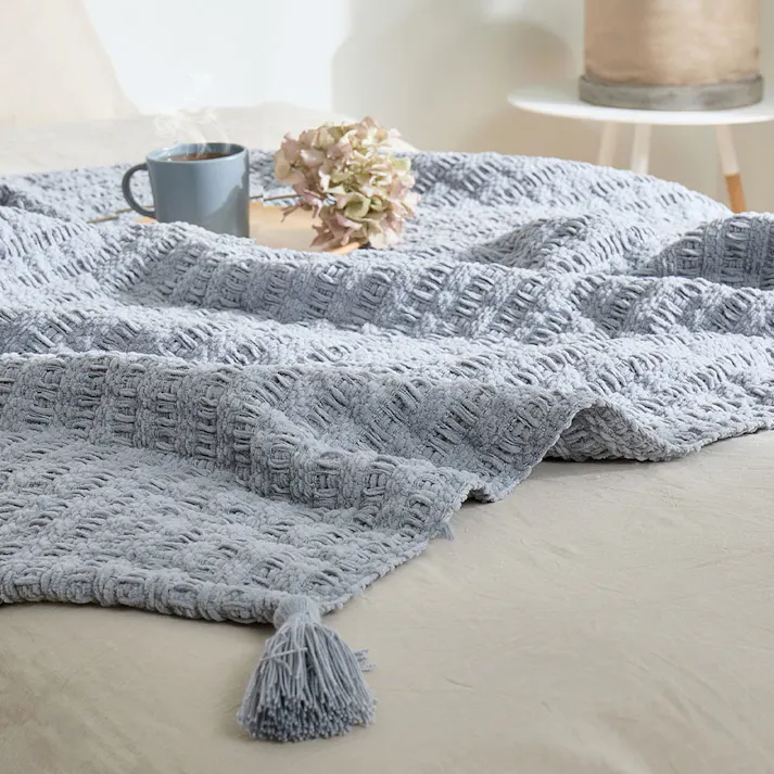 ブランケット アンネ 約130×180cm グレー ニットケット 洗濯可 クッション HAGIHARA 270105000【別送品】