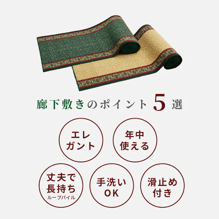 廊下敷きプリントマット ナタリア 約67×700cm グリーン 手洗い可能 滑り止め ロングマット HAGIHARA 350126216【別送品】