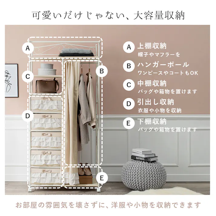 萩原スリーアイ HAGIHARA ハンガーラック KHR-3163PI ピンク 幅80cm 引出5杯・カーテン付き 4934257256643【別送品】