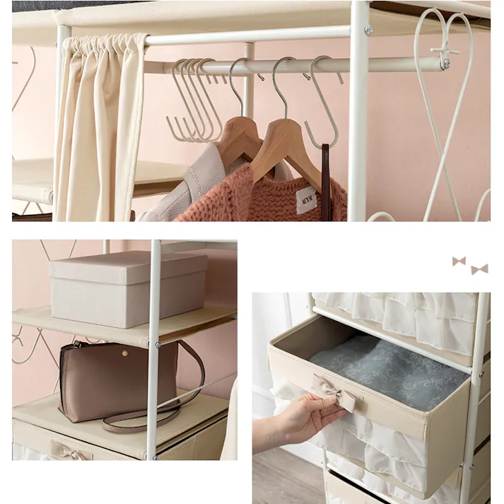 萩原スリーアイ HAGIHARA ハンガーラック KHR-3163PI ピンク 幅80cm 引出5杯・カーテン付き 4934257256643【別送品】