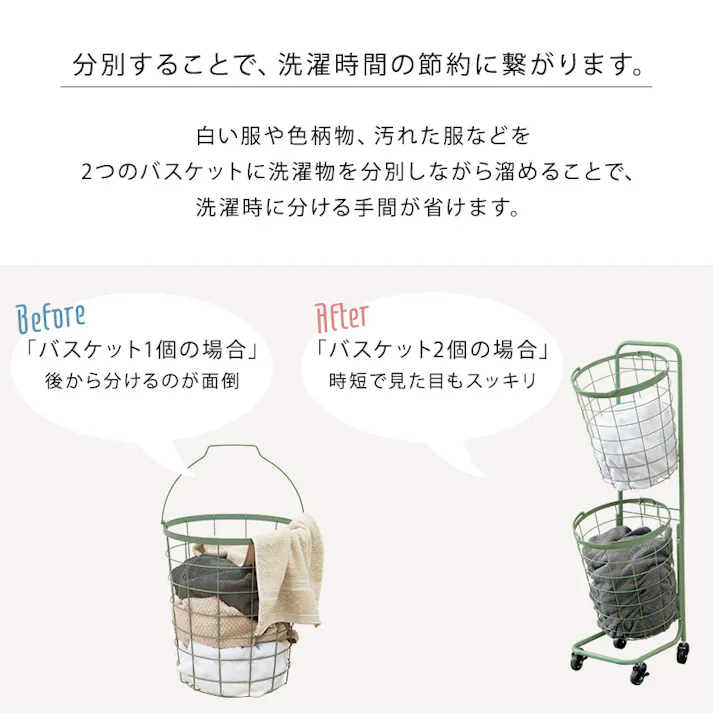 萩原スリーアイ HAGIHARA 2段ランドリーラック(丸型) KR-3972WH ホワイト 高さ108cm 丸角型バスケット2個 4934257277617【別送品】