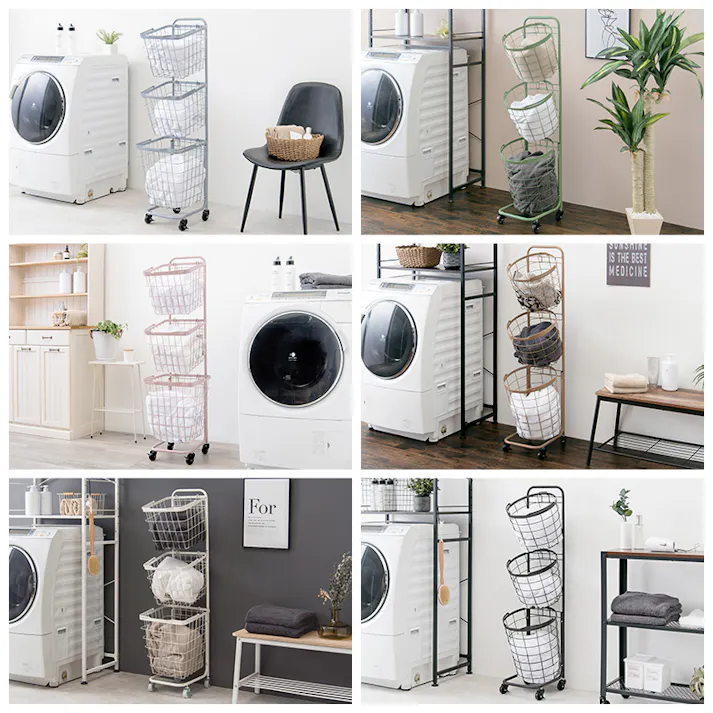 萩原スリーアイ HAGIHARA 3段ランドリーラック(丸型) KR-3973GY グレー 高さ124cm 丸角型バスケット3個 4934257277648【別送品】