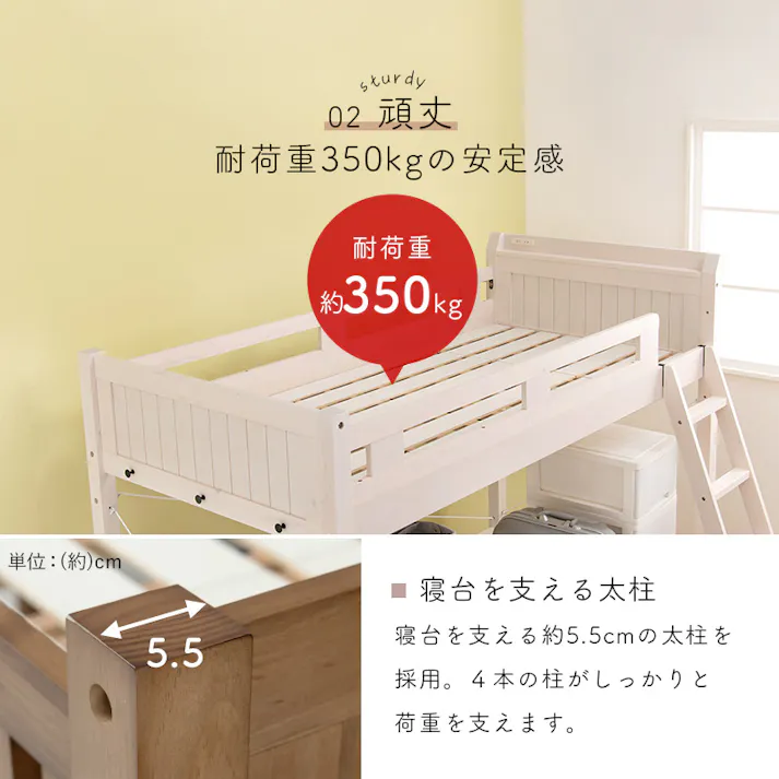 萩原スリーアイ HAGIHARA ロフトベッド MB-5081-WS-S ホワイトウォッシュ 高さ159cm 4934257291613【別送品】
