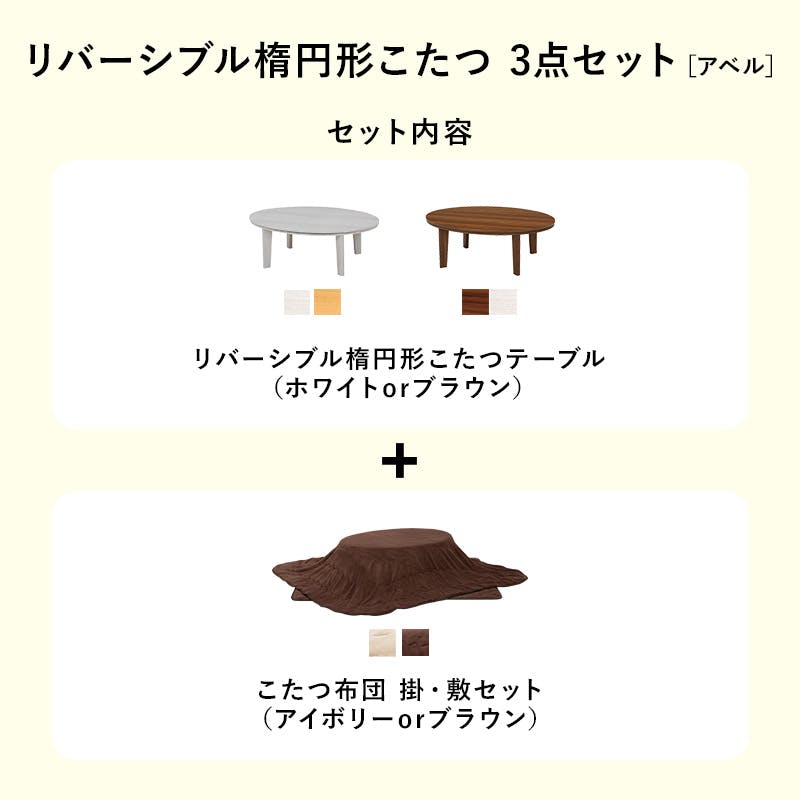 こたつ+布団掛敷３点セット アベルSE80 リバーシブル天板 オールシーズン こたつ+掛布団+敷布団 3点セット 円形 幅80cm アベルSE80ユイを