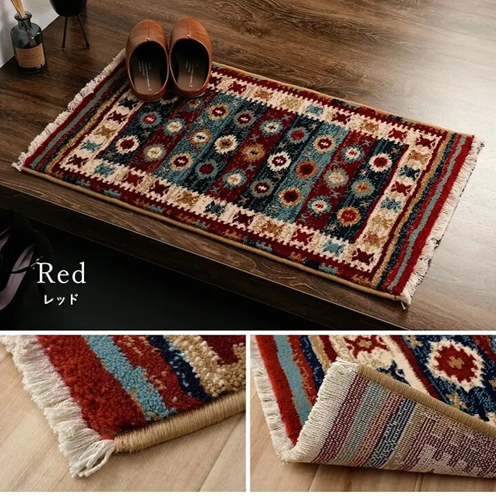 プルメリア 玄関マット ウィルトン織 キリム柄 ベッドサイド用 ソファー前用 約70×120cm ネイビー【別送品】