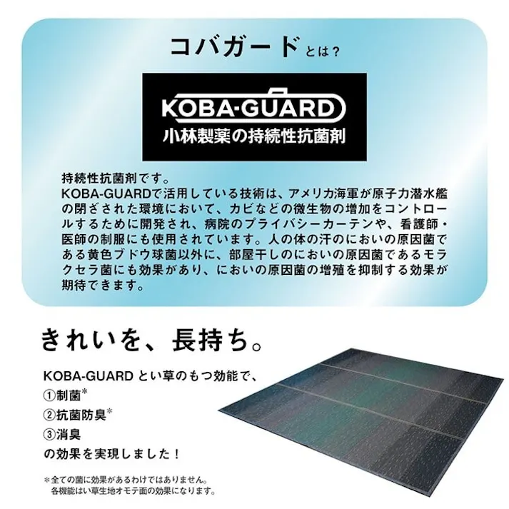 クリア ラグ 小林製薬 持続性抗菌剤 KOBA-GUARD 制菌 抗菌防臭 滑り止め 不織布 夏 い草 グラデーション グリーン 約190×300cm 防音対策【別送品】